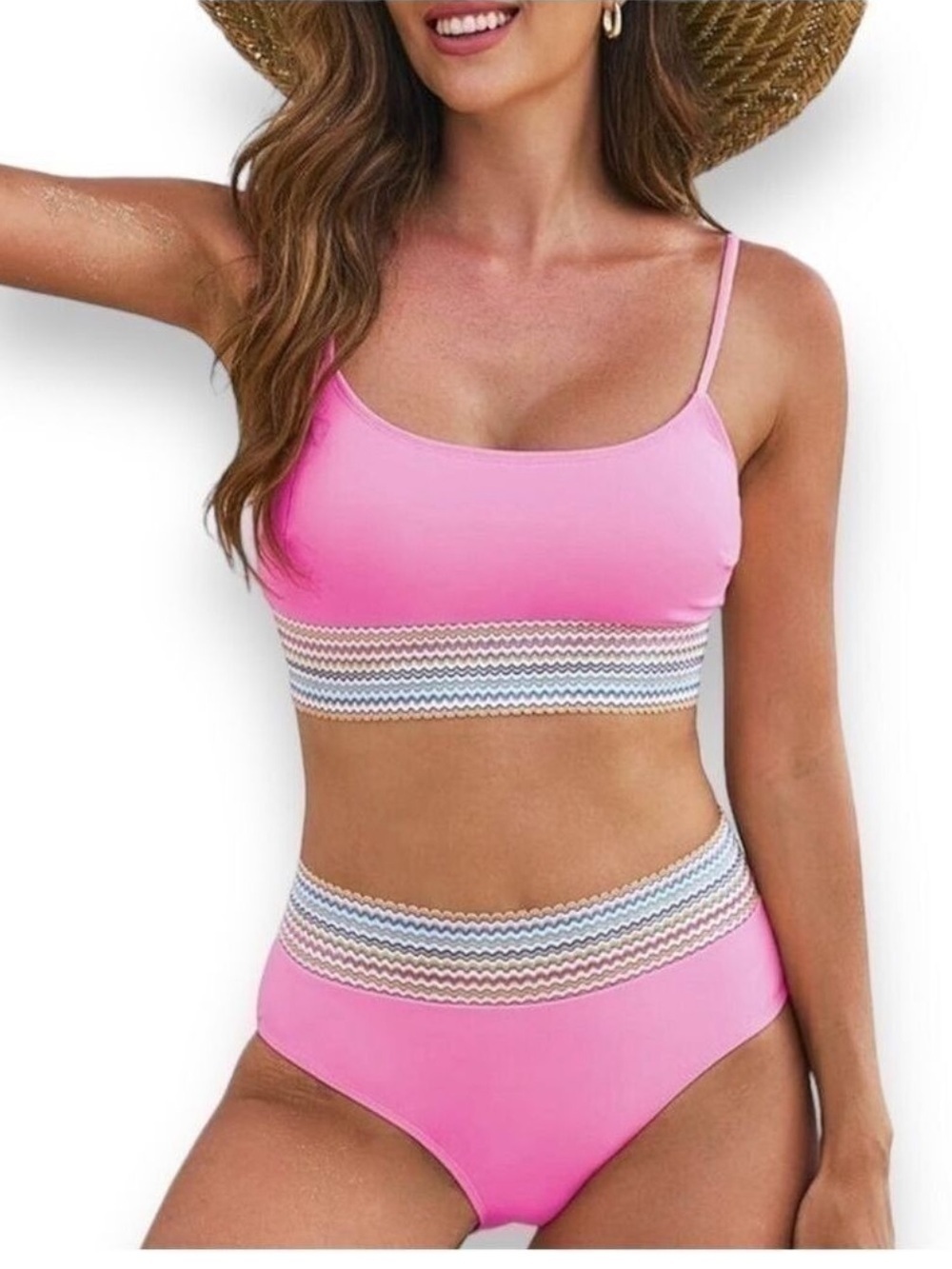 Two Piece High Waisted Bikini Pink w/ Trim Size M (fits like a S) Swimsuit